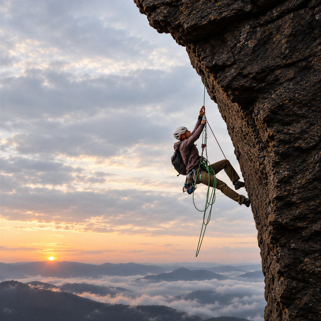 Una persona escalando una pared de roca al amanecer