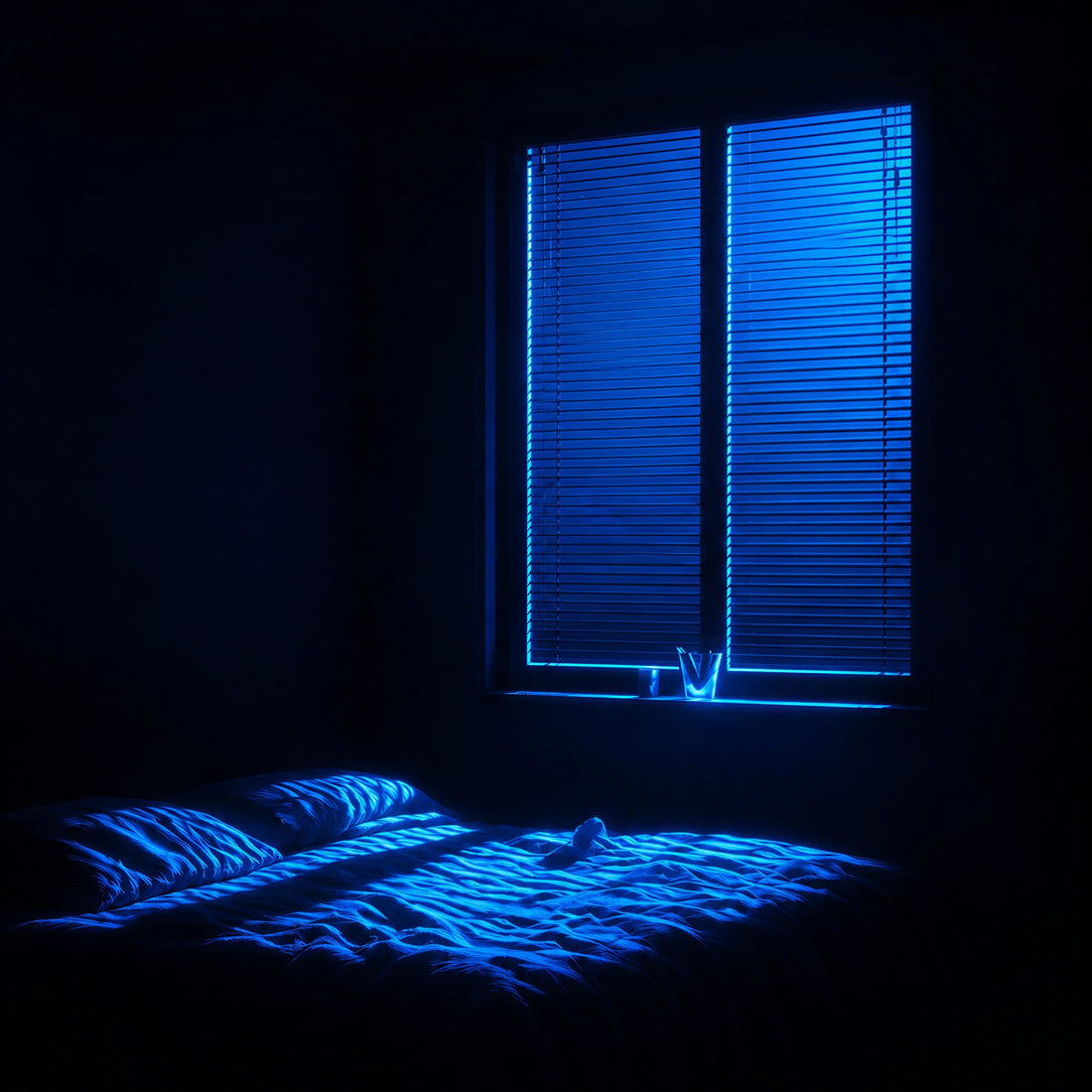 Habitación a oscuras con luz azul de madrugada: dormir después de una noche larga