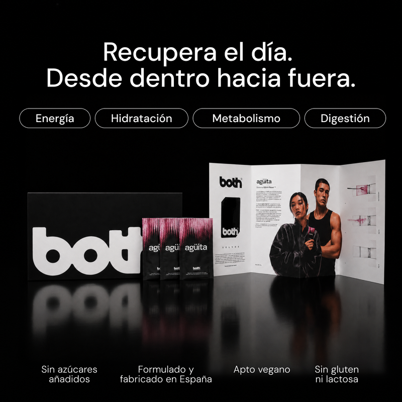 Pack de agüita con caja, sobres y folleto de BOTH SELVES: energía, hidratación, metabolismo y digestión